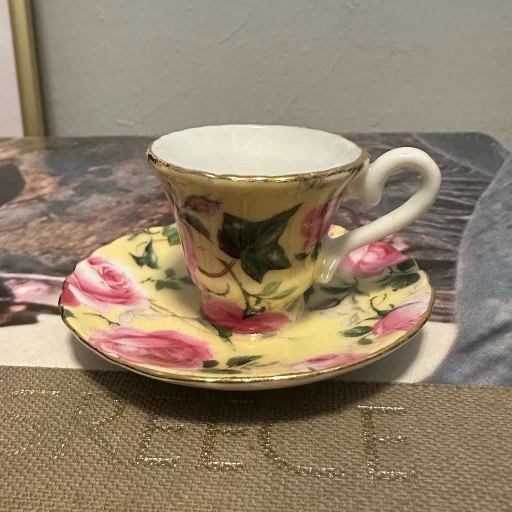 Adorable Miniature Floral Teacup and Saucer - Pink Roses